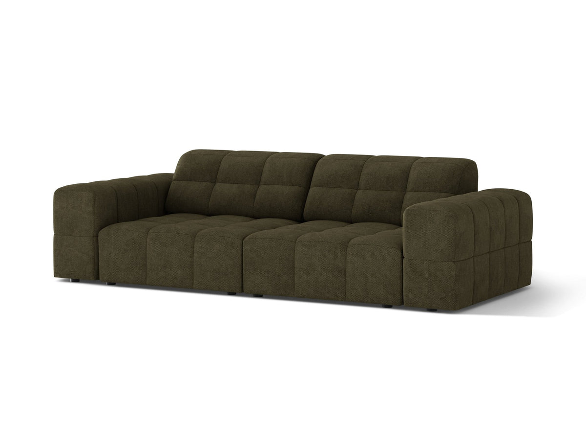Beige gepolstertes 3er Sofa Jennifer von Micadoni mit schwarzen Kunststoffbeinen und leicht geneigter Rückenlehne, Stoffbezug Bluvel.