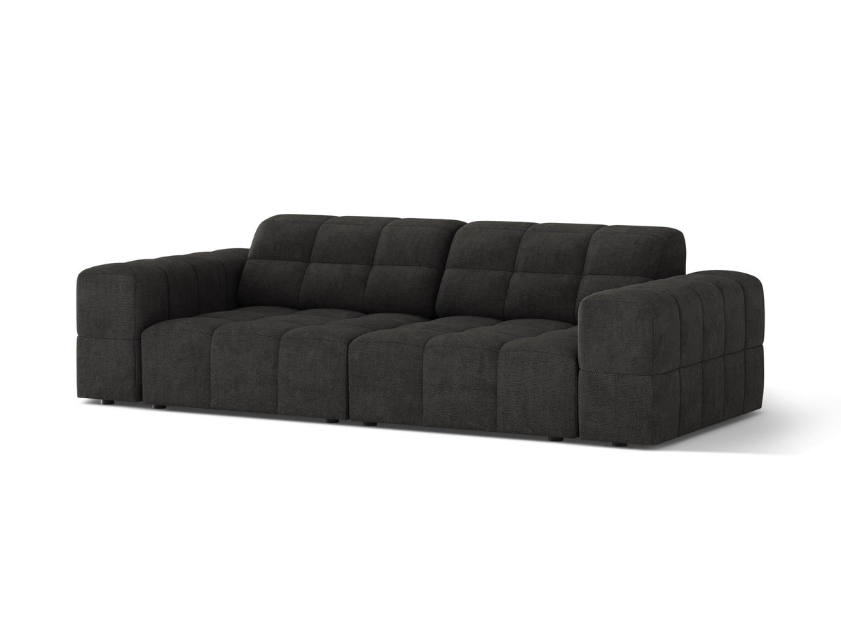 Beige gepolstertes 3er Sofa Jennifer von Micadoni mit schwarzen Kunststoffbeinen und leicht geneigter Rückenlehne, Stoffbezug Bluvel.
