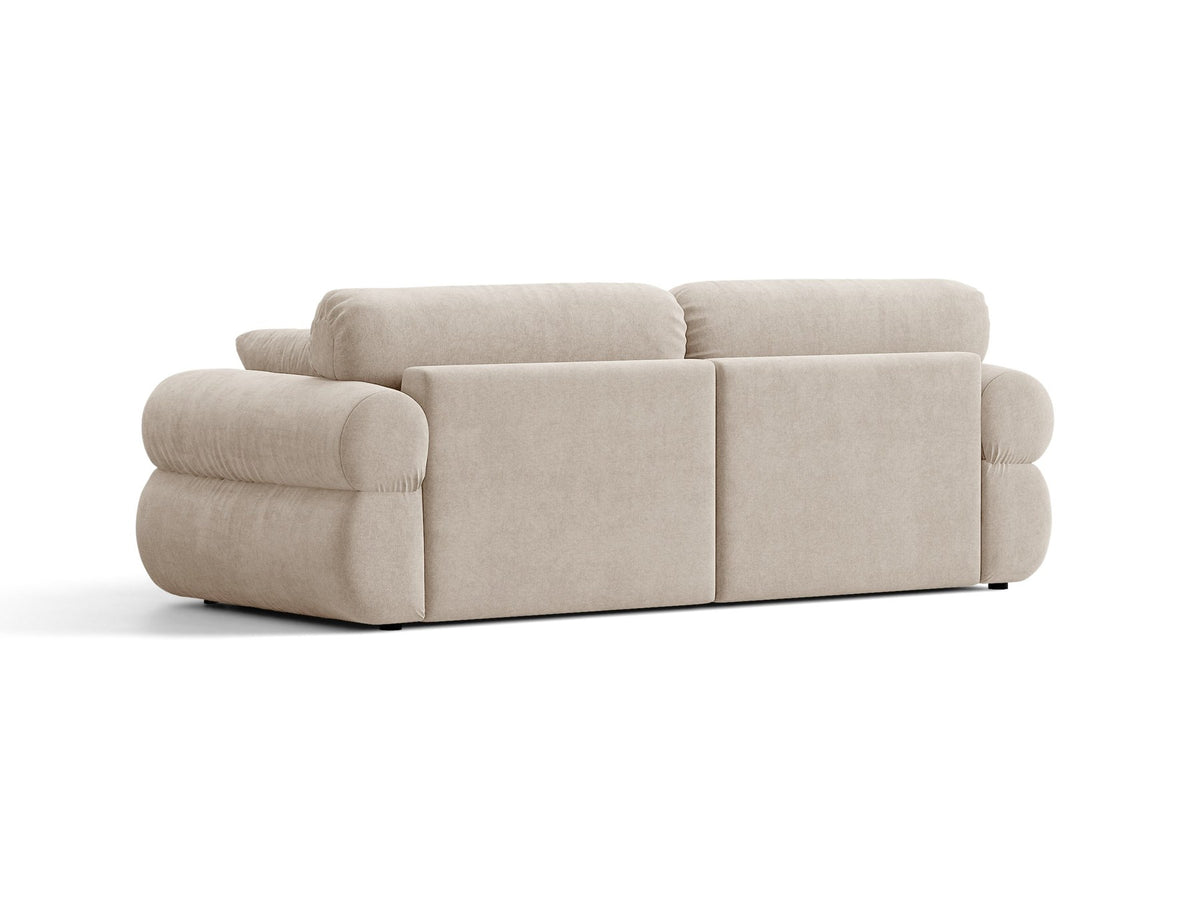 3er Sofa Ophelia von Micadoni in Beige mit Liberty Stoffbezug, niedriger Rückenlehne und schwarzen Kunststoffbeinen, modulare Bauweise sichtbar.