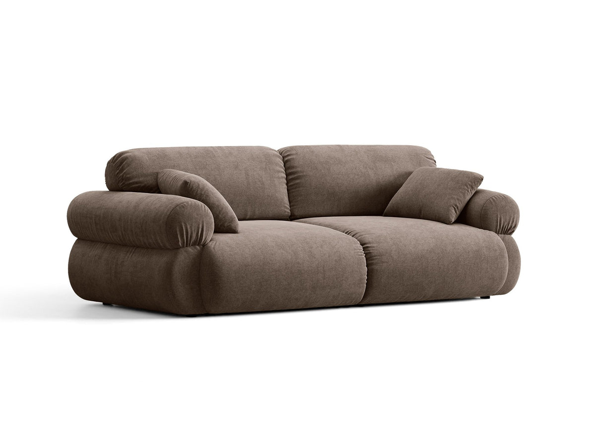 3er Sofa Ophelia von Micadoni in Beige mit Liberty Stoffbezug, niedriger Rückenlehne und schwarzen Kunststoffbeinen, modulare Bauweise sichtbar.