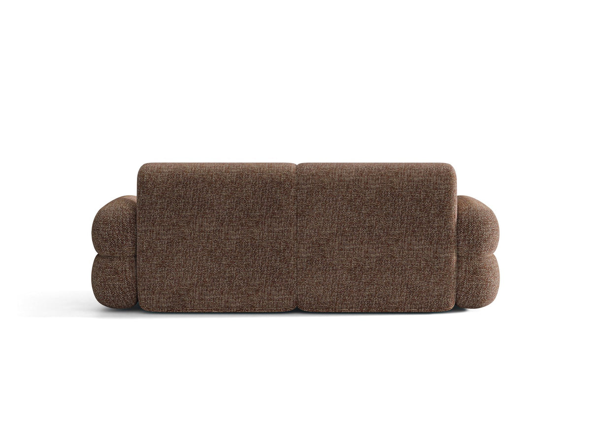 3er Sofa Neo von Micadoni in dunklem Olivgrün, mit strukturiertem Bouclé-Stoff, schwarzen Kunststoffbeinen und hoher gepolsterter Rückenlehne.