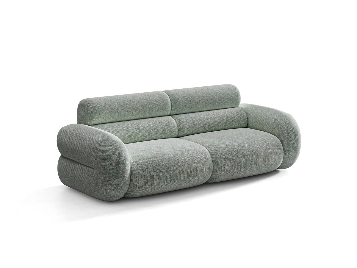 3er Sofa Neo von Micadoni in dunklem Olivgrün, mit strukturiertem Bouclé-Stoff, schwarzen Kunststoffbeinen und hoher gepolsterter Rückenlehne.
