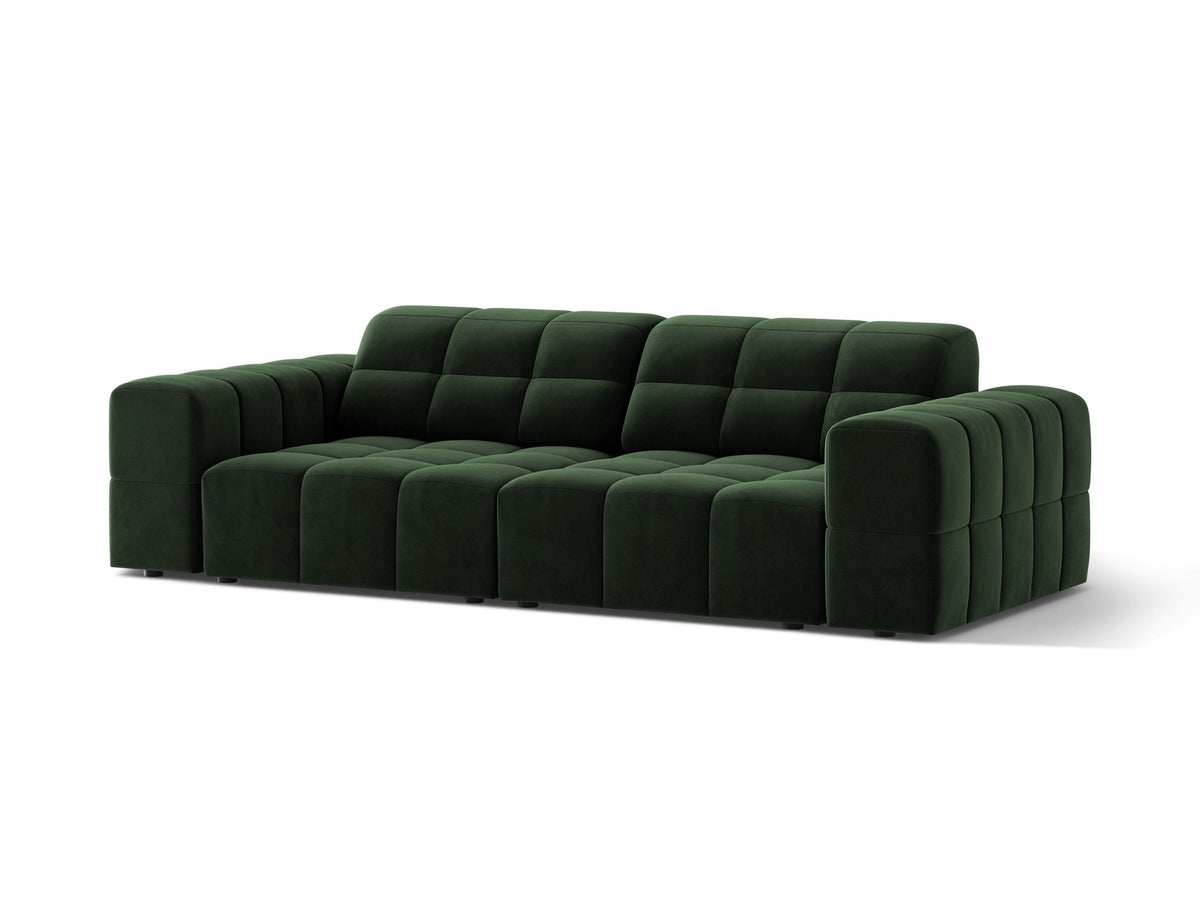 Beige gepolstertes 3er Sofa Jennifer von Micadoni mit schwarzen Kunststoffbeinen und leicht geneigter Rückenlehne, Stoffbezug Bluvel.