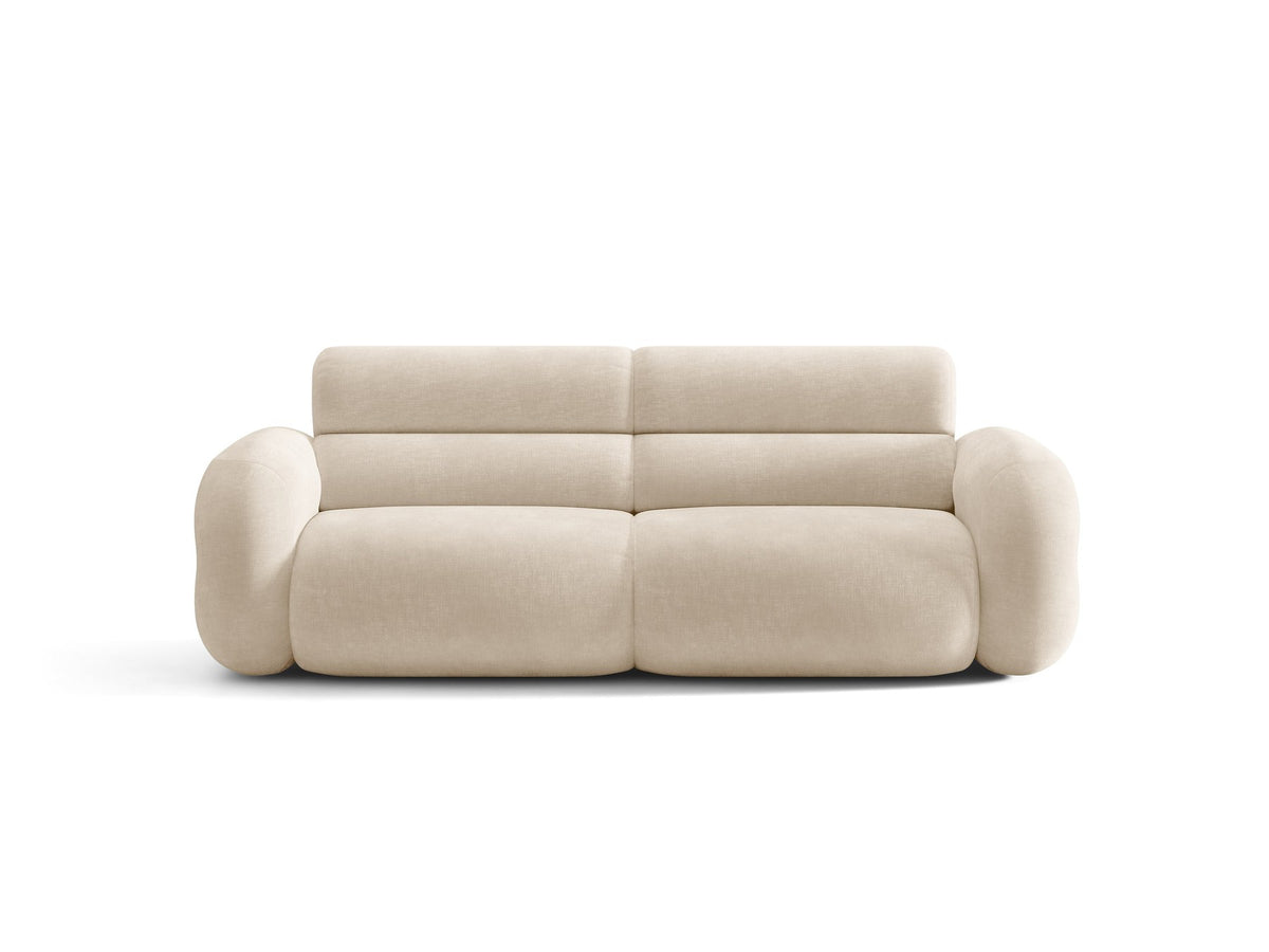 3er Sofa Neo von Micadoni in dunklem Olivgrün, mit strukturiertem Bouclé-Stoff, schwarzen Kunststoffbeinen und hoher gepolsterter Rückenlehne.