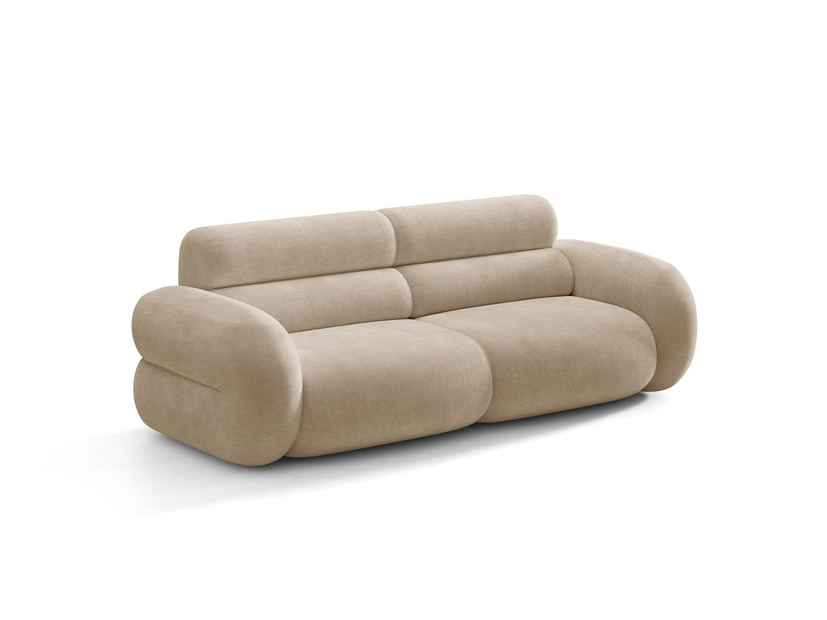 3er Sofa Neo von Micadoni in dunklem Olivgrün, mit strukturiertem Bouclé-Stoff, schwarzen Kunststoffbeinen und hoher gepolsterter Rückenlehne.