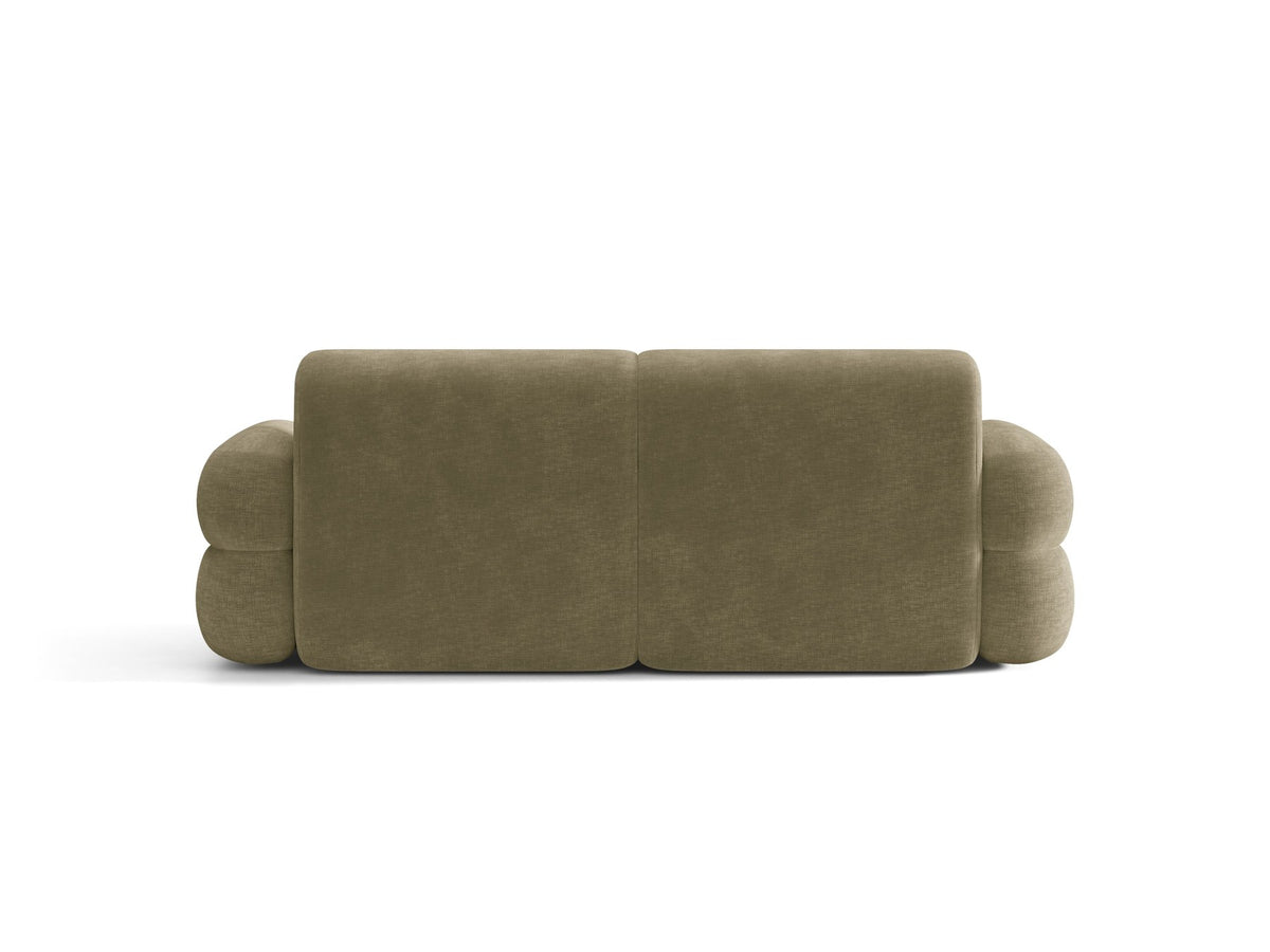 3er Sofa Neo von Micadoni in dunklem Olivgrün, mit strukturiertem Bouclé-Stoff, schwarzen Kunststoffbeinen und hoher gepolsterter Rückenlehne.
