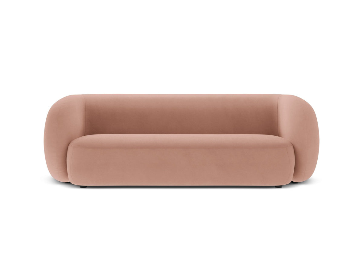 Weisses 3er Sofa Kate von Micadoni mit Bouclé-Stoffbezug, schwarzen Kunststoffbeinen und modularem Aufbau, Frontalansicht.