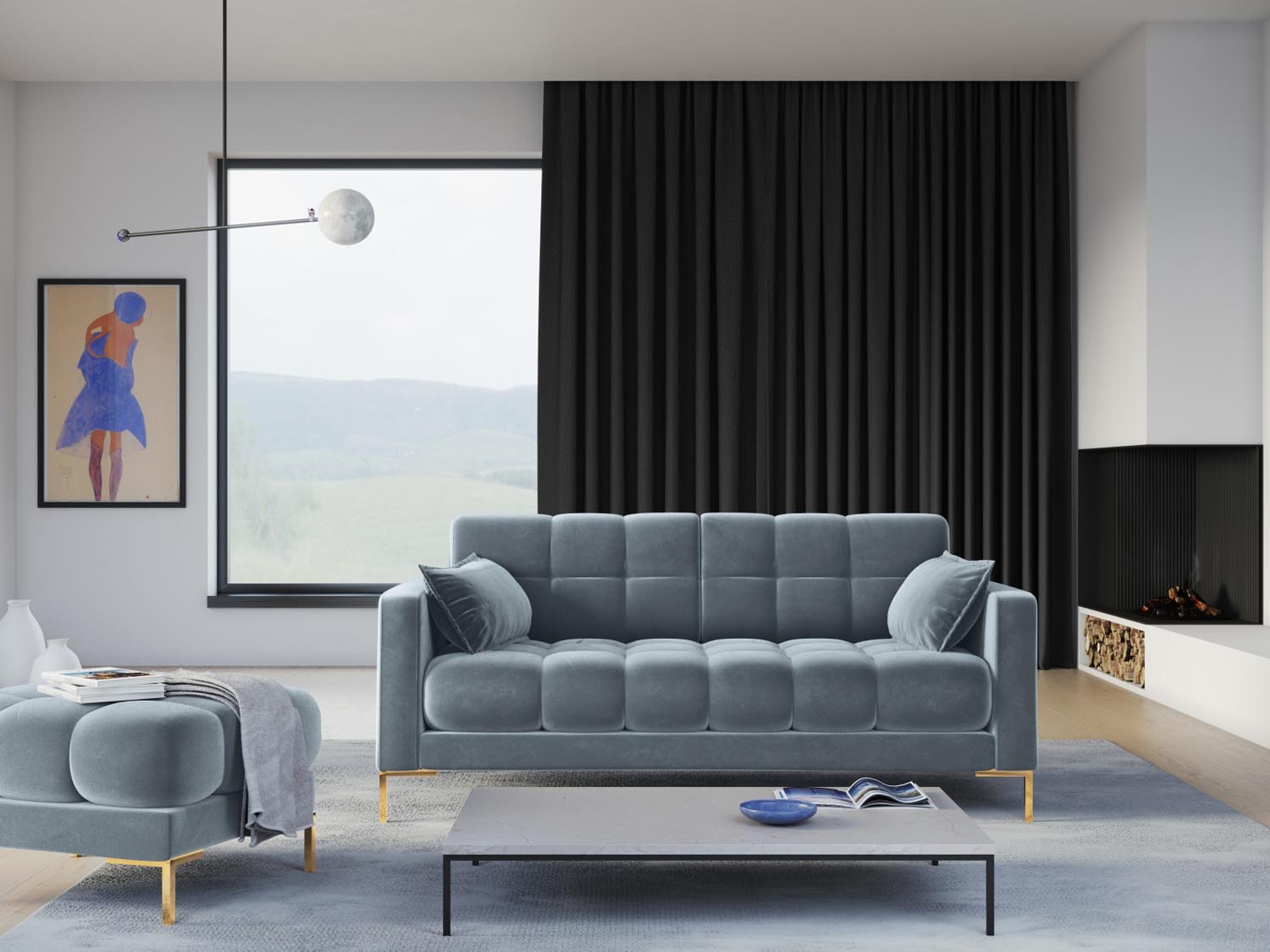Mamaia Velour Sofa 3 Sitzer in Light Blue/Gold präsentiert im Onlineshop von KAQTU Design AG. 3er Sofa ist von Micadoni