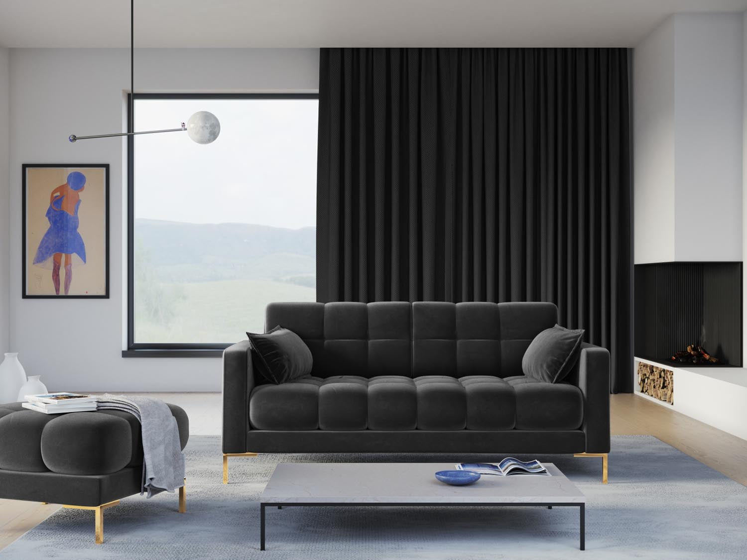 Mamaia Velour Sofa 3 Sitzer in Dark Grey/Gold präsentiert im Onlineshop von KAQTU Design AG. 3er Sofa ist von Micadoni