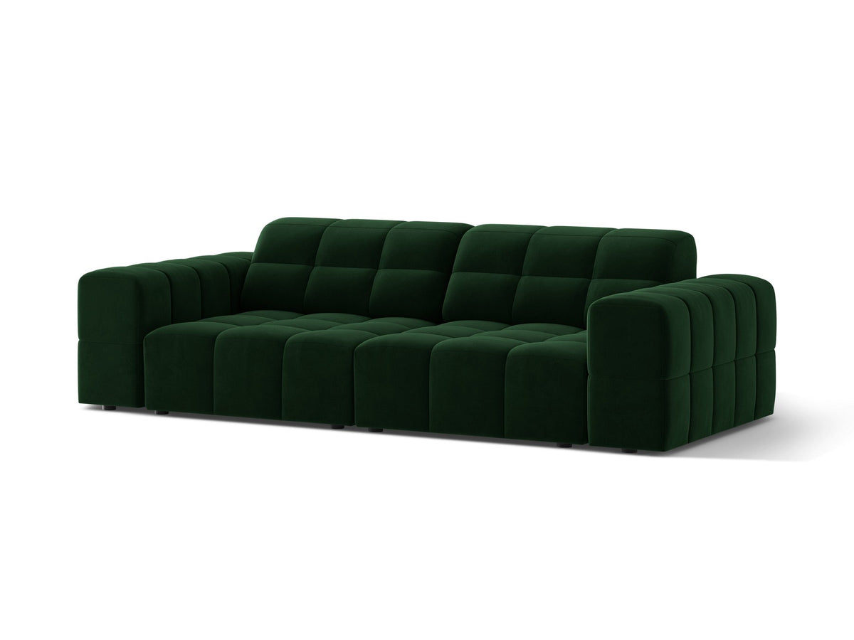 Beige gepolstertes 3er Sofa Jennifer von Micadoni mit schwarzen Kunststoffbeinen und leicht geneigter Rückenlehne, Stoffbezug Bluvel.