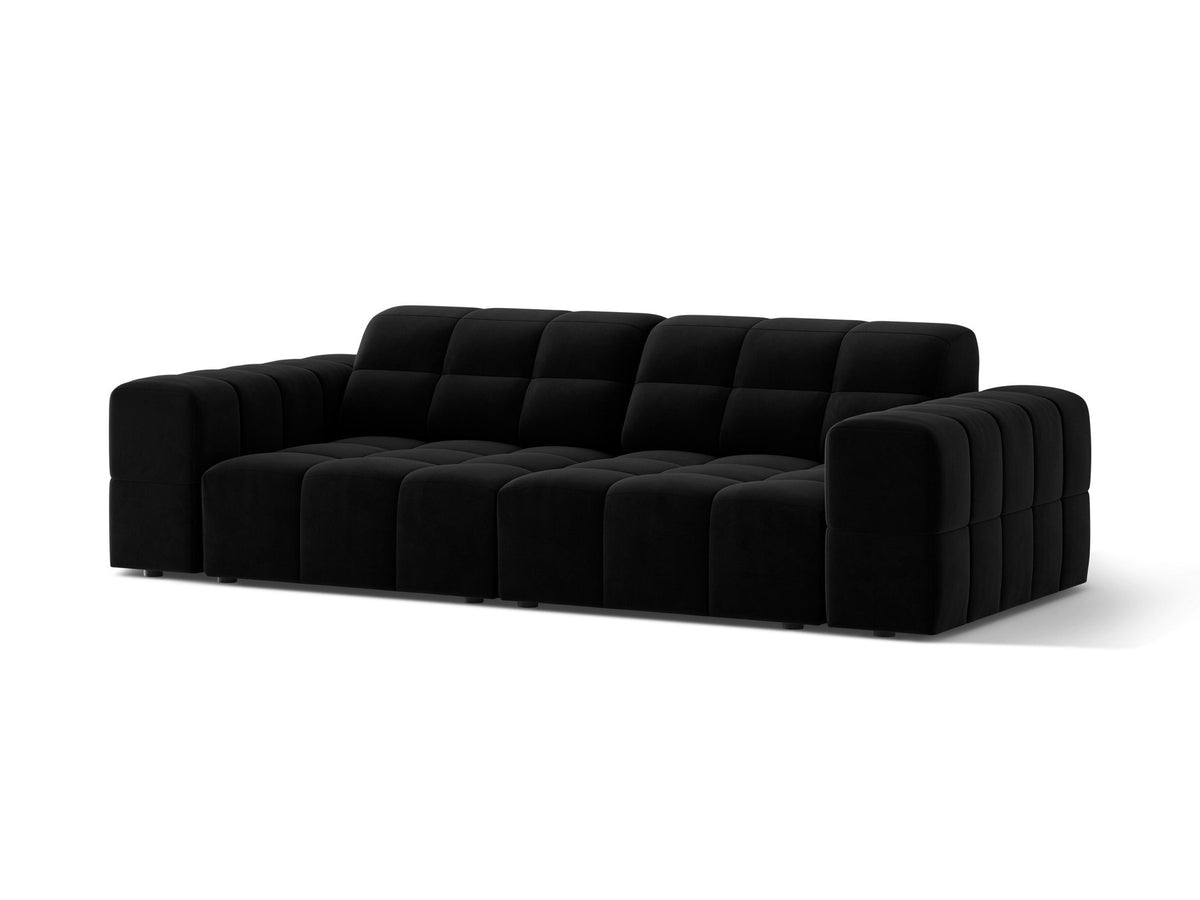 Beige gepolstertes 3er Sofa Jennifer von Micadoni mit schwarzen Kunststoffbeinen und leicht geneigter Rückenlehne, Stoffbezug Bluvel.