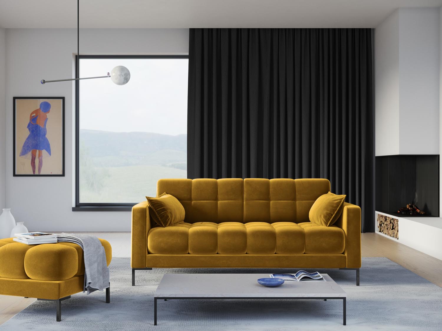 Mamaia Velour Sofa 3 Sitzer in Yellow/Schwarz präsentiert im Onlineshop von KAQTU Design AG. 3er Sofa ist von Micadoni