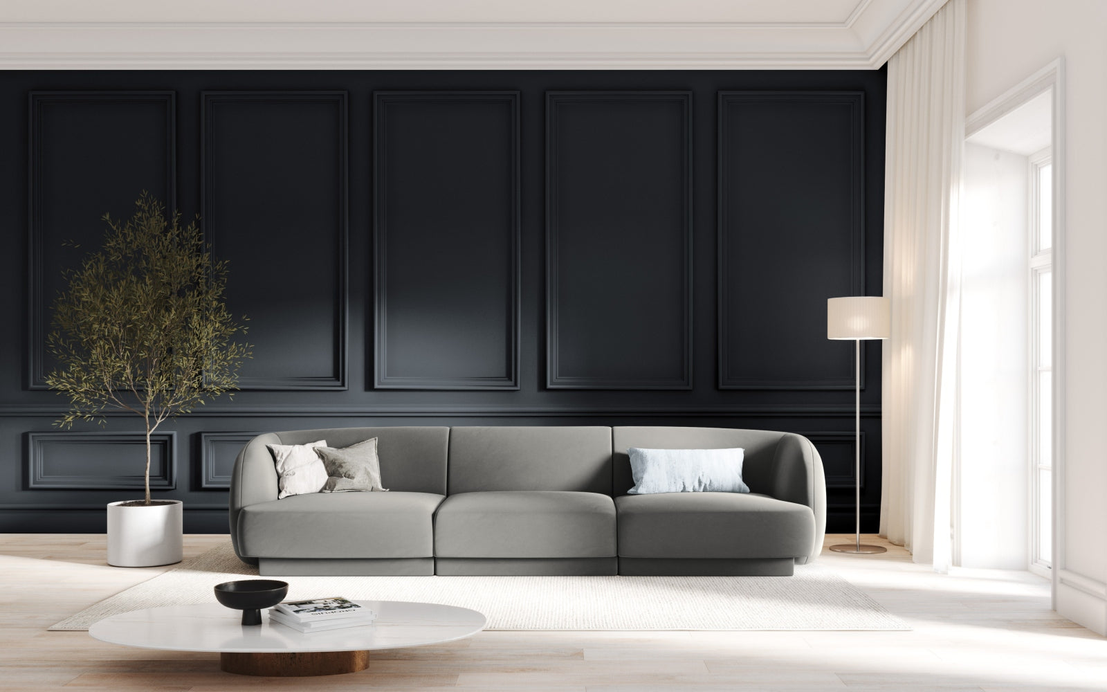 Elegantes Miley Velour Sofa in sanftem Grau-Blau, ideal für stilvolle Wohnräume. Komfortabler 3-Sitzer von Micadoni.