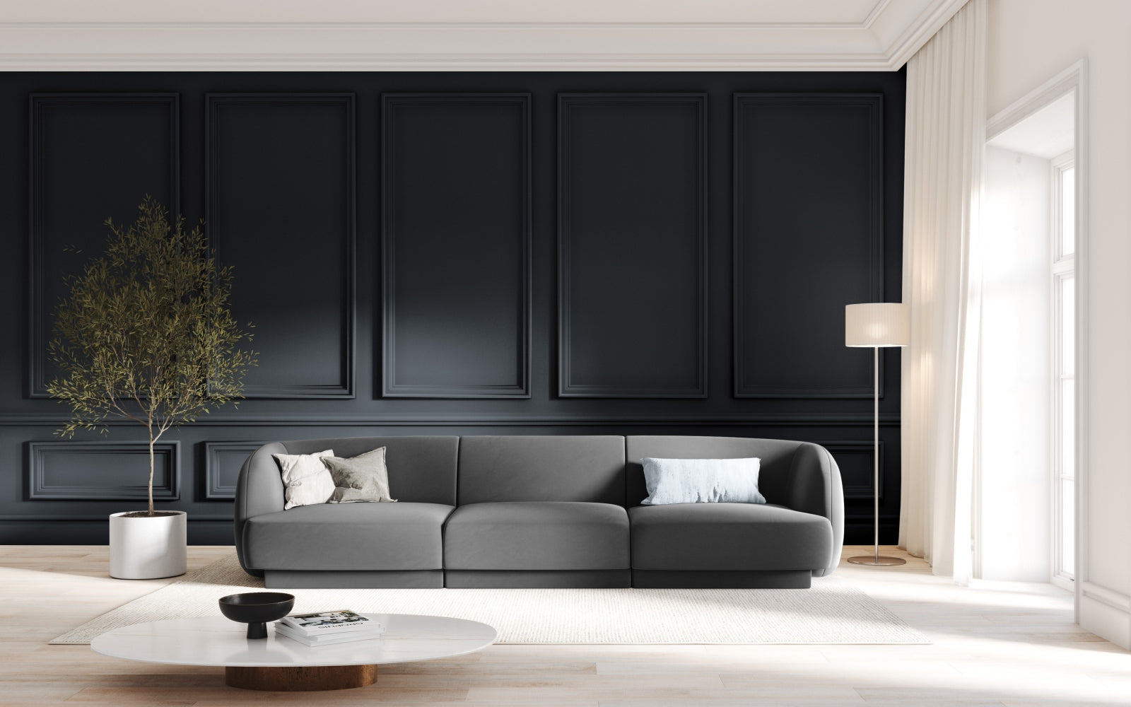 Elegantes Miley Velour Sofa in Grau-Blau, ideal für stilvolle Wohnräume. Komfortables 3-Sitzer-Design von Micadoni.