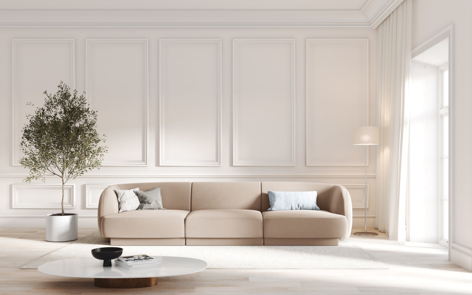 Elegantes Miley Velour Sofa in Cappuccino-Bluvel, ideal für stilvolle Wohnräume. Komfortables 3-Sitzer-Design von Micadoni.