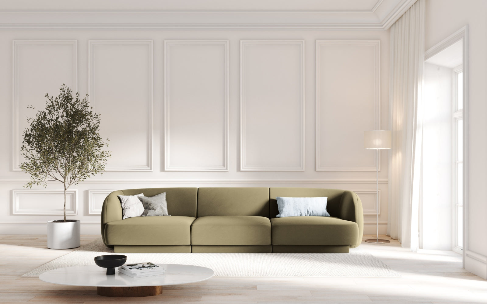 Elegantes Miley Velour Sofa in stilvollem Grün-Blau, ideal für moderne Wohnräume. Komfortabler 3-Sitzer von Micadoni.