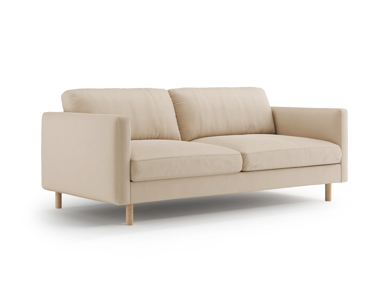 Elegantes Eden Velour Sofa für 3 Personen in sanftem Nude-Ton, ideal für stilvolle Wohnräume und gemütliche Abende.