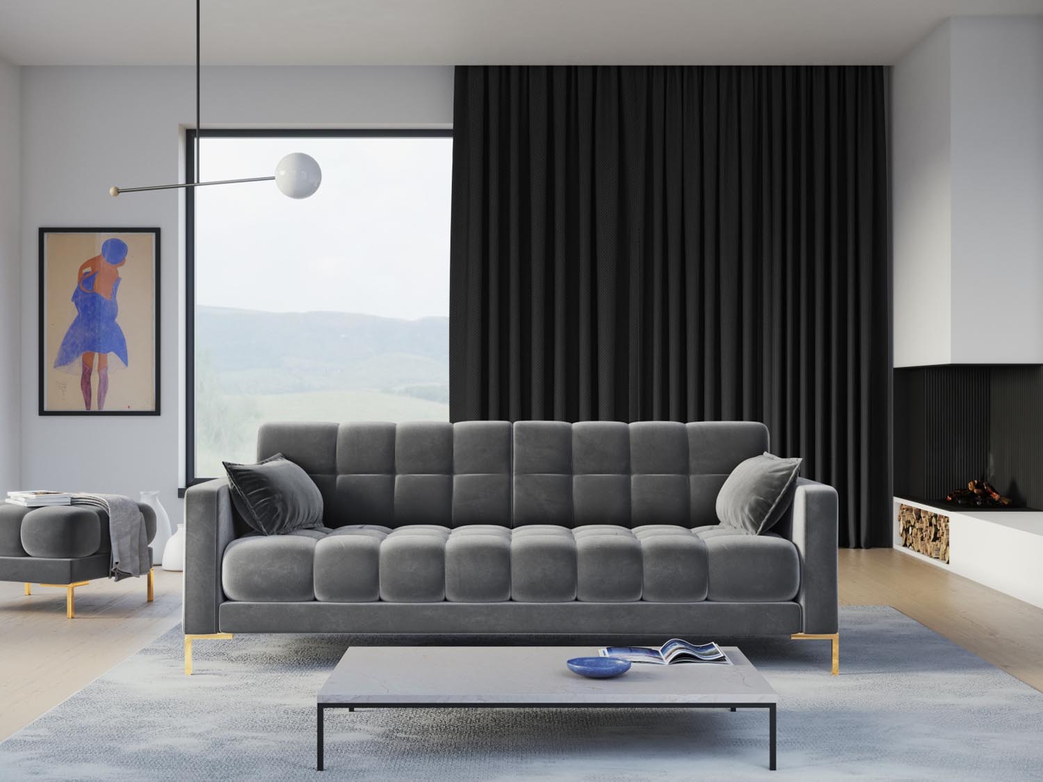 Mamaia Velour Sofa 4 Sitzer in Light Grey/Gold präsentiert im Onlineshop von KAQTU Design AG. 4er Sofa ist von Micadoni