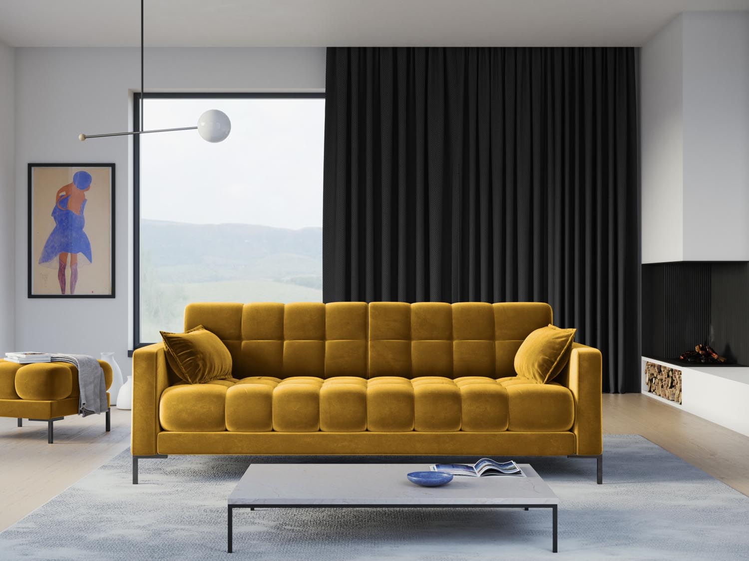 Mamaia Velour Sofa 4 Sitzer in Yellow/Schwarz präsentiert im Onlineshop von KAQTU Design AG. 4er Sofa ist von Micadoni