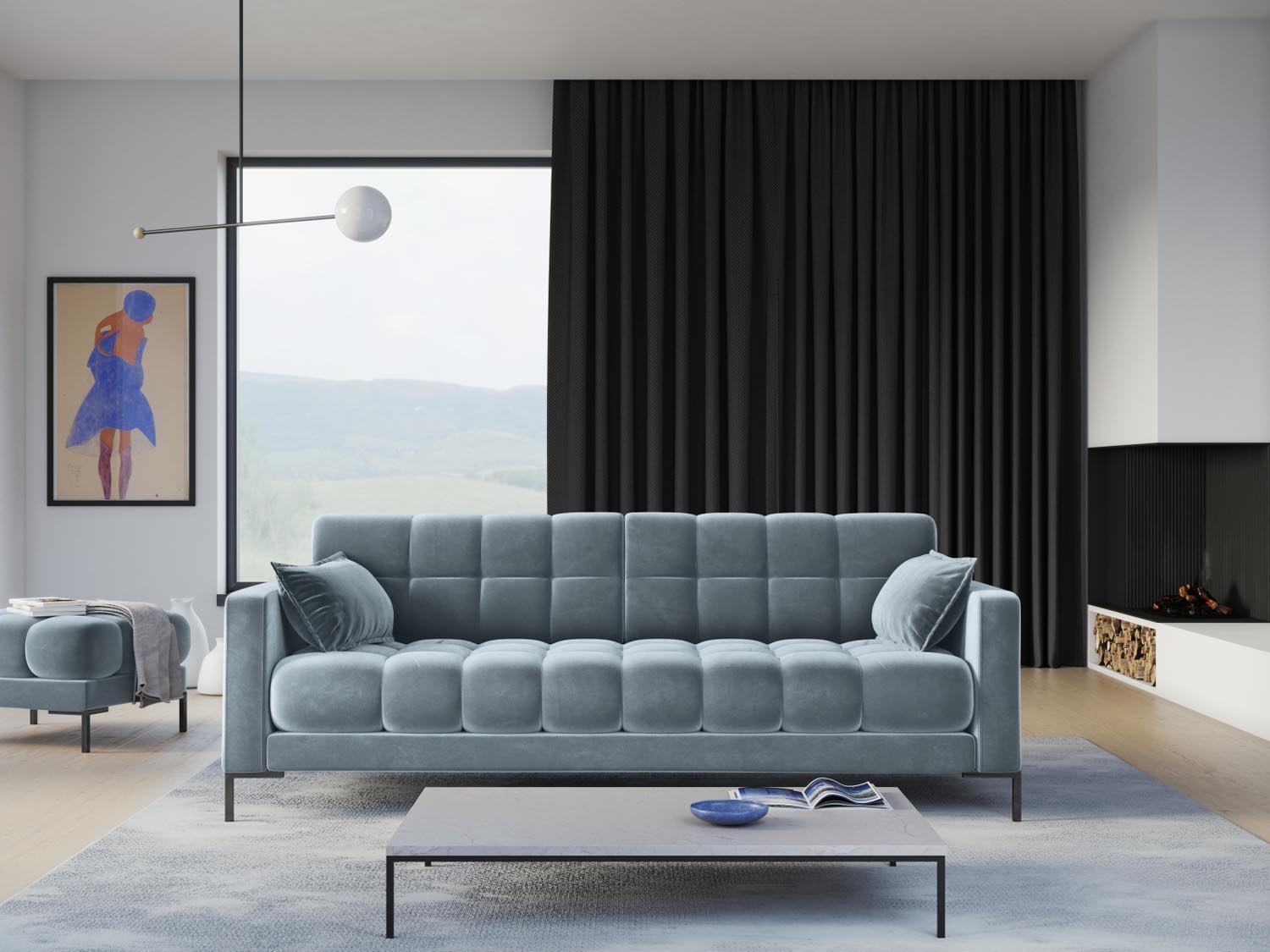 Mamaia Velour Sofa 4 Sitzer in Light Blue/Schwarz präsentiert im Onlineshop von KAQTU Design AG. 4er Sofa ist von Micadoni