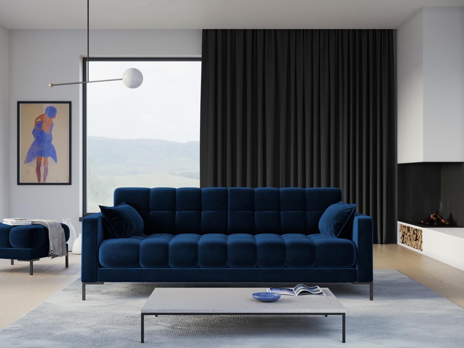 Mamaia Velour Sofa 4 Sitzer in Royal Blue/Schwarz präsentiert im Onlineshop von KAQTU Design AG. 4er Sofa ist von Micadoni