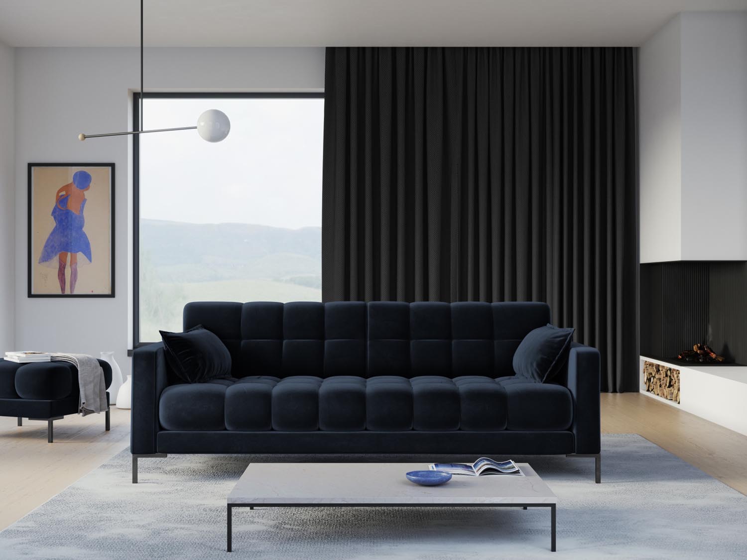 Mamaia Velour Sofa 4 Sitzer in Dark Blue/Schwarz präsentiert im Onlineshop von KAQTU Design AG. 4er Sofa ist von Micadoni