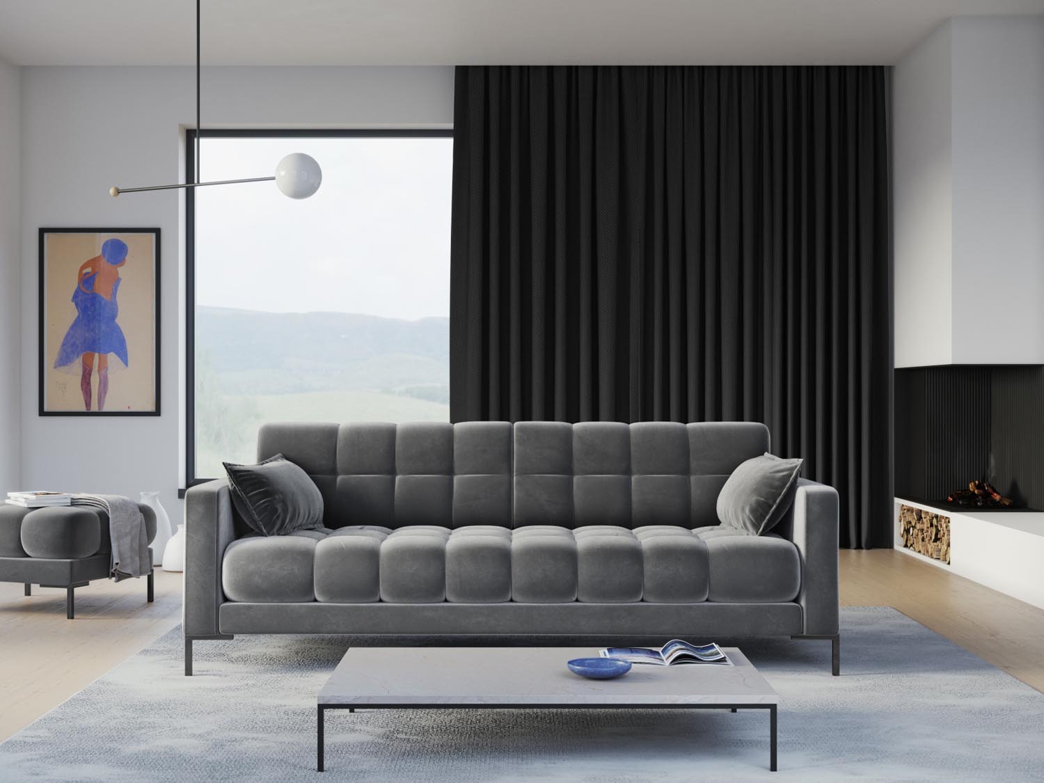 Mamaia Velour Sofa 4 Sitzer in Light Grey/Schwarz präsentiert im Onlineshop von KAQTU Design AG. 4er Sofa ist von Micadoni