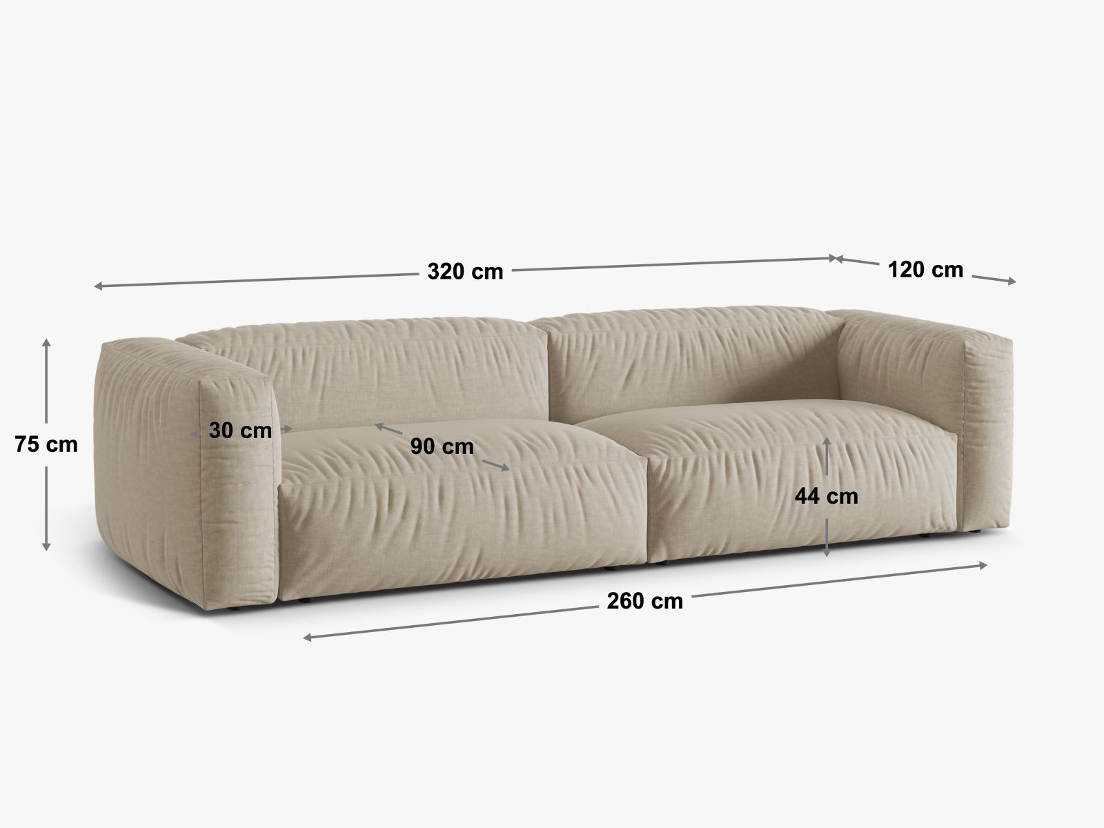 Modulares XL Sofa Martina für 4 Personen in edlem Dunkelbeige, perfekt für stilvolle Wohnzimmer und entspannte Stunden.