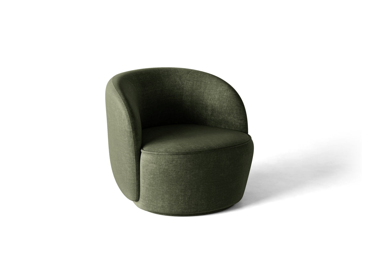 Drehbarer Sessel Jonas von Micadoni in leichtem Beige mit Veloursbezug, gepolsterten Kunststoff-Beinen und runder Sitzfläche.