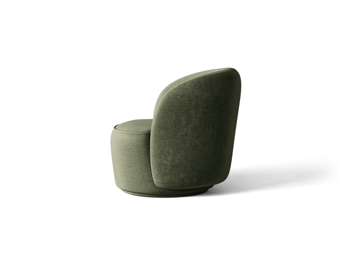 Drehbarer Sessel Jonas von Micadoni in leichtem Beige mit Veloursbezug, gepolsterten Kunststoff-Beinen und runder Sitzfläche.