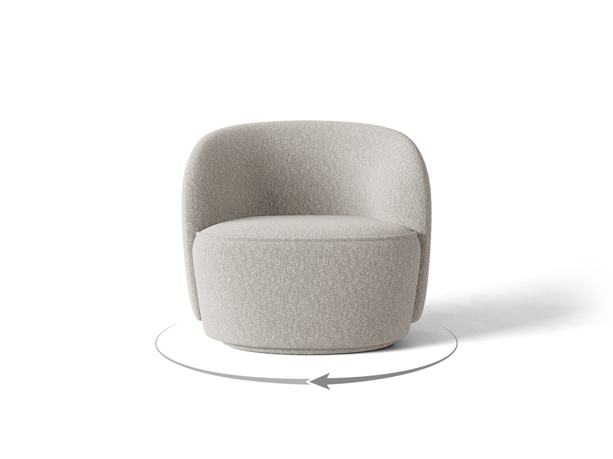 Drehbarer Sessel Jonas von Micadoni in leichtem Beige mit Veloursbezug, gepolsterten Kunststoff-Beinen und runder Sitzfläche.