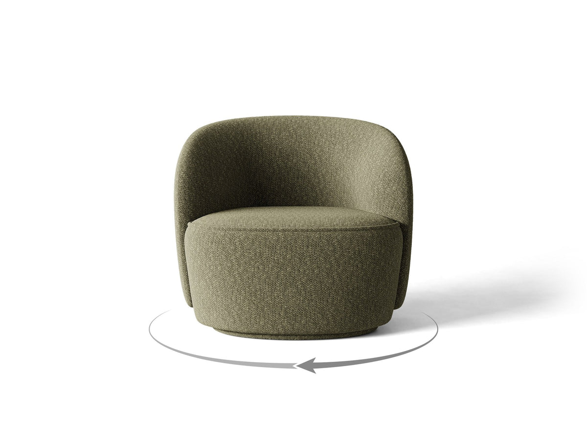 Drehbarer Sessel Jonas von Micadoni in leichtem Beige mit Veloursbezug, gepolsterten Kunststoff-Beinen und runder Sitzfläche.