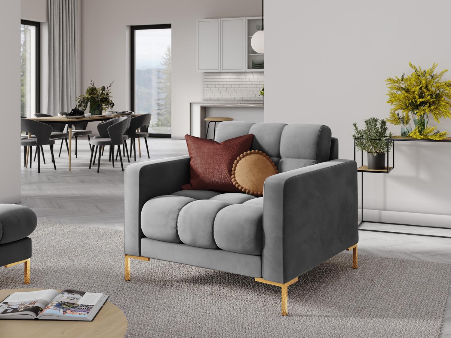 Mamaia Velour Sessel 1 Sitz in Light Grey/Gold präsentiert im Onlineshop von KAQTU Design AG. Sessel ist von Micadoni