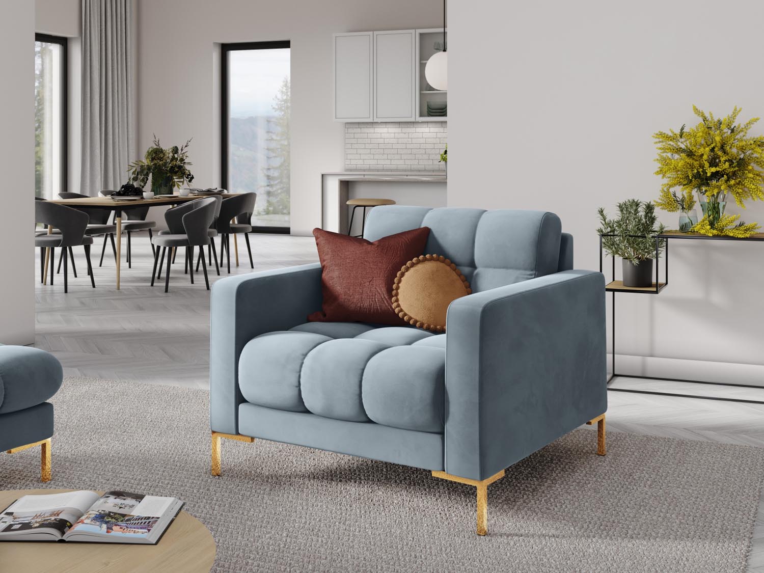 Mamaia Velour Sessel 1 Sitz in Light Blue/Gold präsentiert im Onlineshop von KAQTU Design AG. Sessel ist von Micadoni