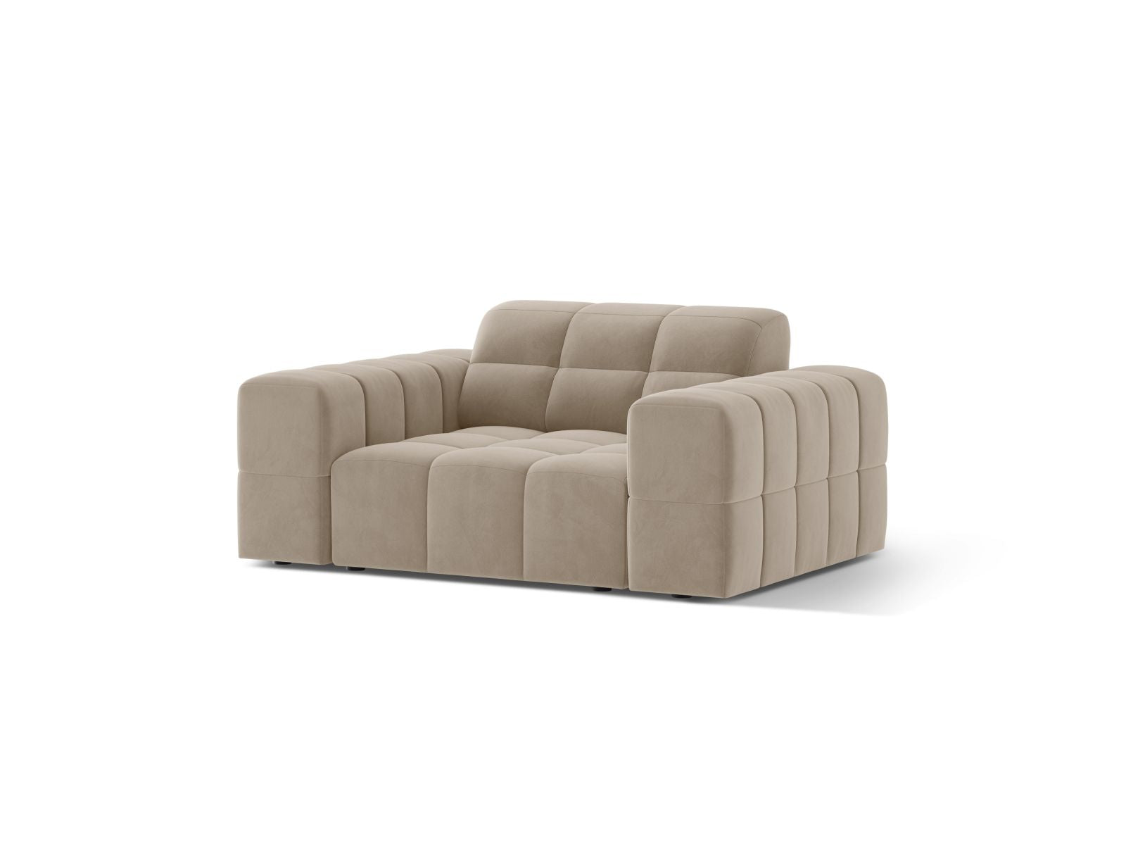 Eleganter 1-Sitzer Sessel Jennifer in stilvollem Dark Beige-Bluvel, ideal für moderne Wohnräume und gemütliche Leseecken.