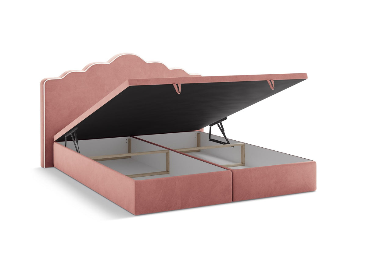 Polsterbett Dream mit hohem gepolstertem Kopfteil, elfenbeinfarbener Samtstoff-Bezug, schwarze Kunststoffbeine und Bettkasten mit Stauraum.