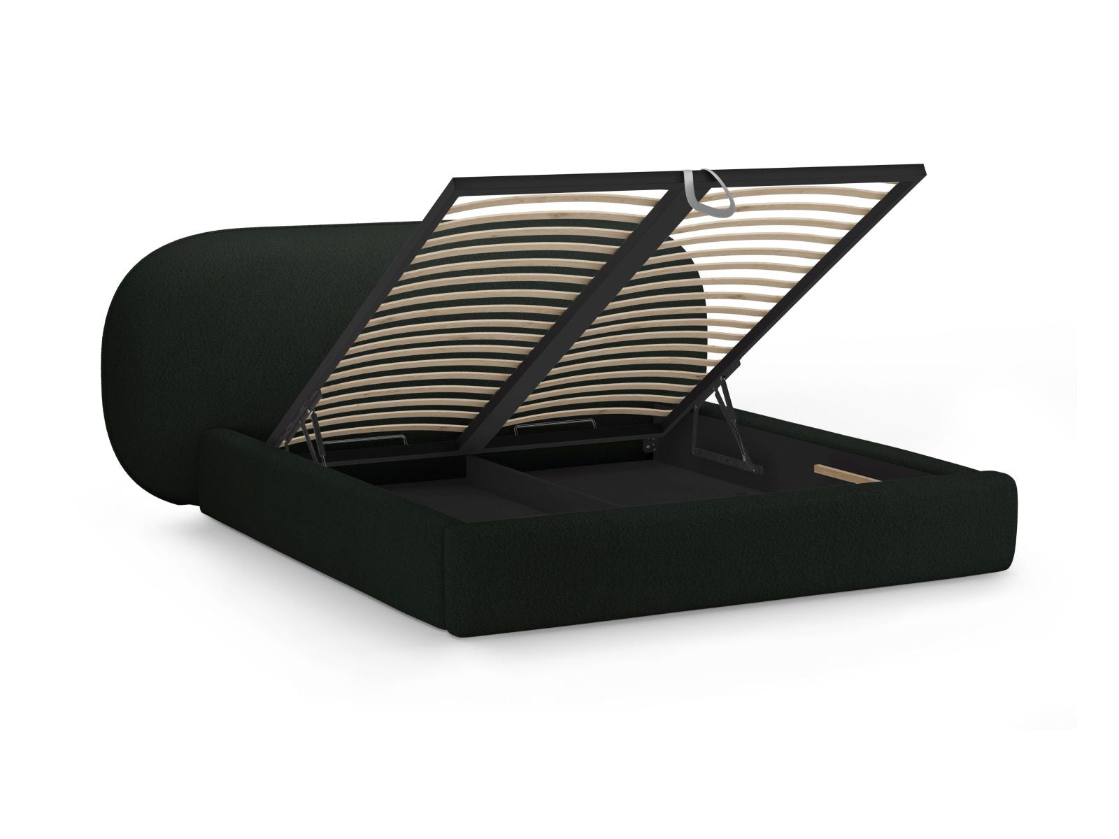 Elegantes Ovalo Bett mit 140 cm Breite, ausgestattet mit praktischem Stauraum und einem stilvollen Kopfteil in Black-Baloo für ein modernes Ambiente.