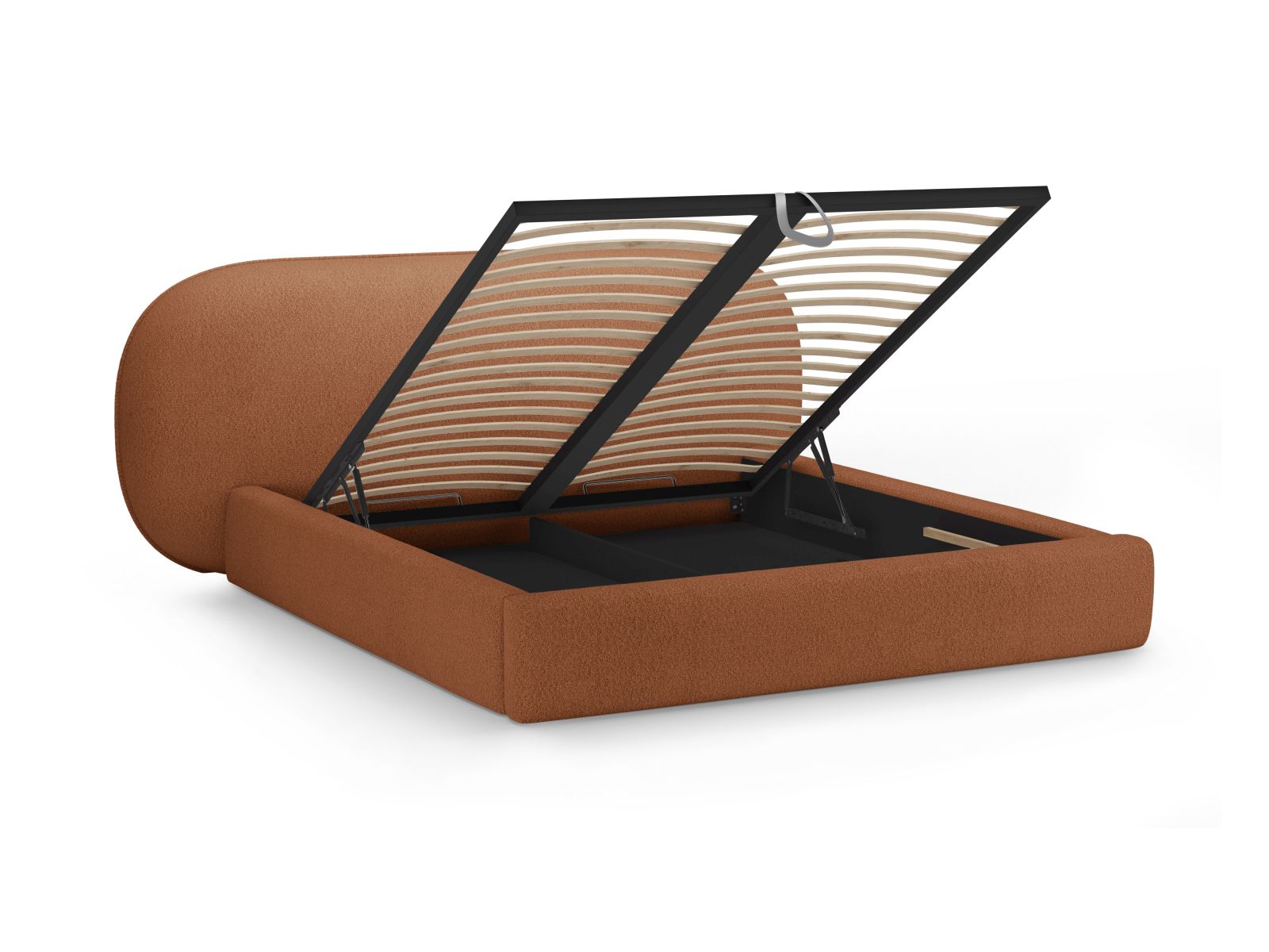Elegantes Ovalo Bett in Terracotta-Baloo mit 140 cm Kopfteil und praktischem Stauraum, ideal für stilvolle Schlafzimmerlösungen.