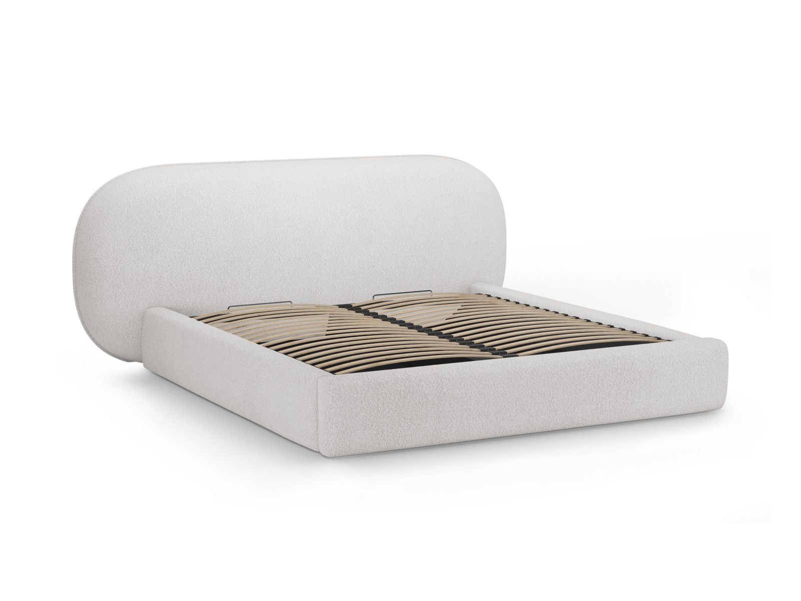 Modernes Ovalo Bett mit 140 cm Breite, ausgestattet mit praktischem Stauraum und einem ansprechenden Kopfteil in hellem Grau.