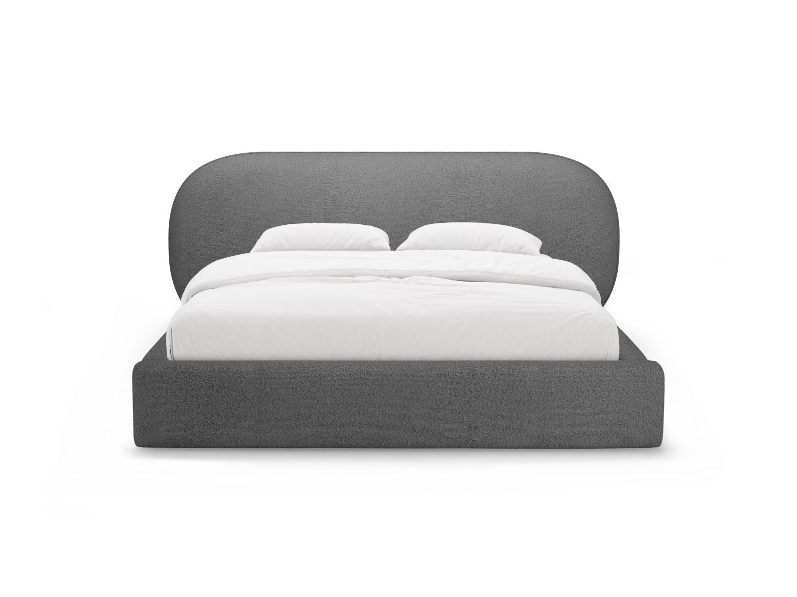 Elegantes Ovalo Bett mit praktischem Stauraum und stilvollem Kopfteil in Dunkelgrau, ideal für moderne Schlafzimmer.