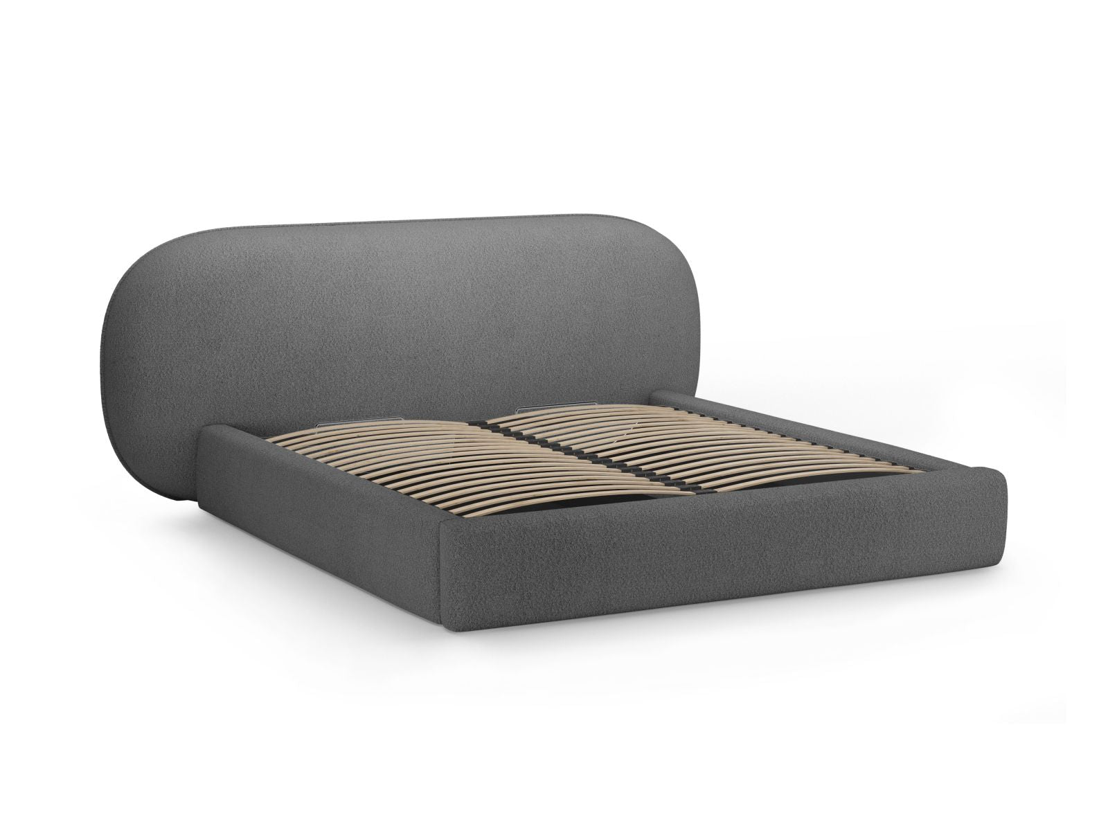 Modernes Ovalo Bett mit 140 cm Breite, ausgestattet mit praktischem Stauraum und einem ansprechenden Kopfteil in edlem Dunkelgrau.