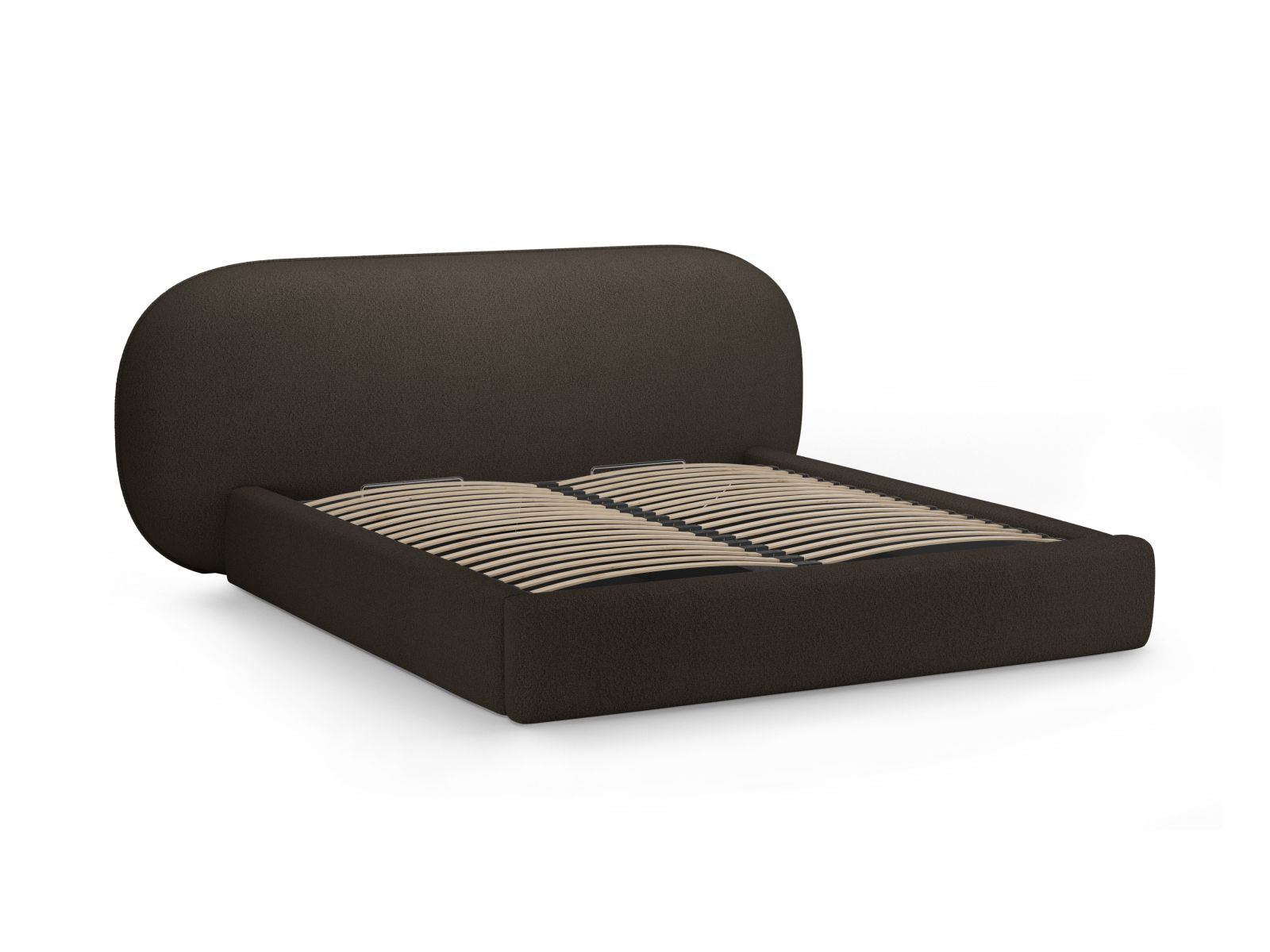 Modernes Ovalo Bett mit 140 cm Breite, praktischen Stauraum und geschmackvollem Kopfteil in Braun, perfekt für stilvolle Schlafzimmer.