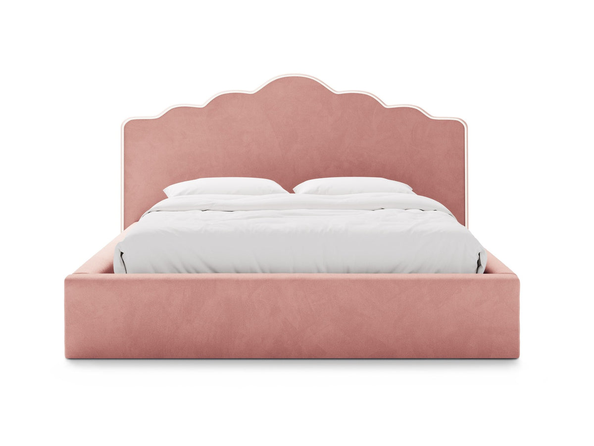 Samtbett Dream von Micadoni in Elfenbein mit hohem gepolstertem Kopfteil, Bettkasten und Beinen aus Polypropylen.