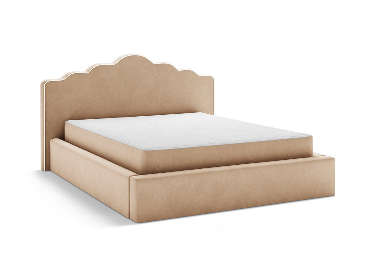 Samtbett Dream von Micadoni in Elfenbein mit hohem gepolstertem Kopfteil, Bettkasten und Beinen aus Polypropylen.