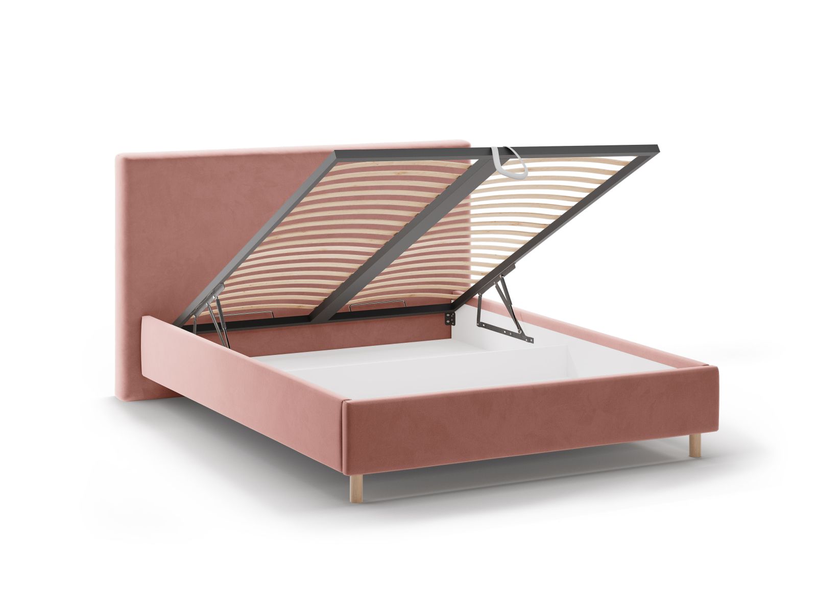 Stylisches Eloise Bett in zartem Pink-Magic Velvet, ausgestattet mit praktischem Stauraum und einem ansprechenden Kopfteil für modernes Design.