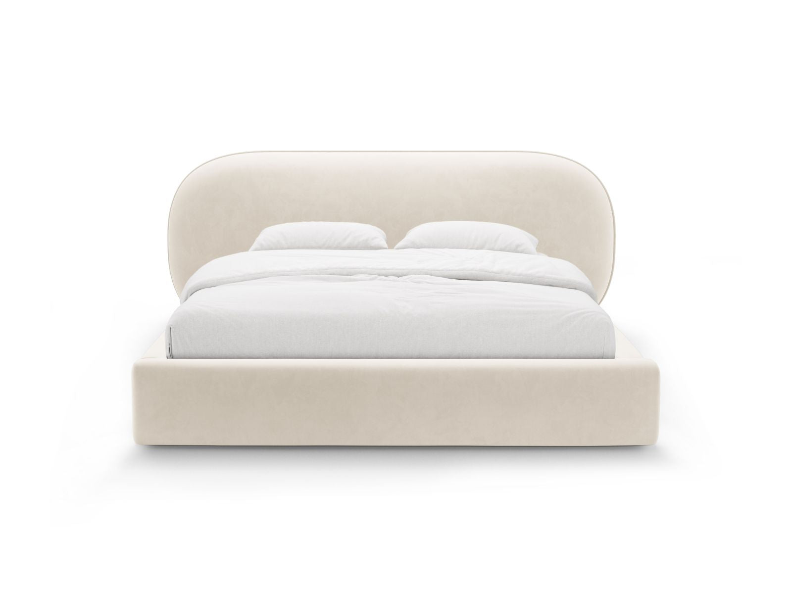 Elegantes Ovalo Bett in Ivory-Magic Velvet mit praktischem Stauraum und stilvollem Kopfteil, ideal für moderne Schlafzimmer.