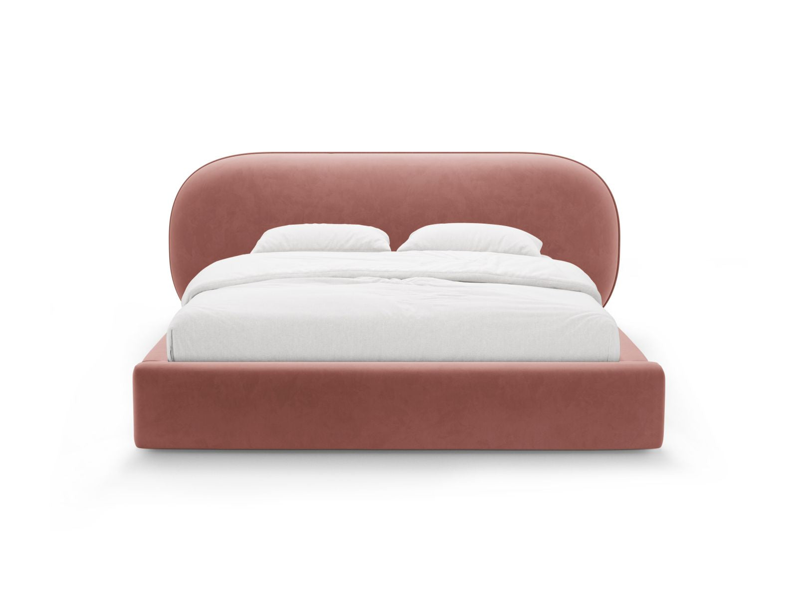 Elegantes Ovalo Bett in Pink-Magic Velvet mit praktischem Stauraum und stilvollem Kopfteil, ideal für moderne Schlafzimmer.