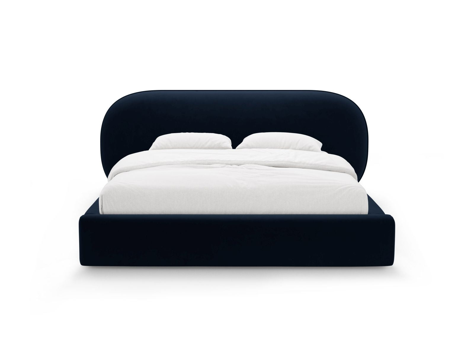 Elegantes Ovalo Bett mit praktischem Stauraum und stilvollem Kopfteil in Royal Blue-Magic Velvet, ideal für moderne Schlafzimmer.