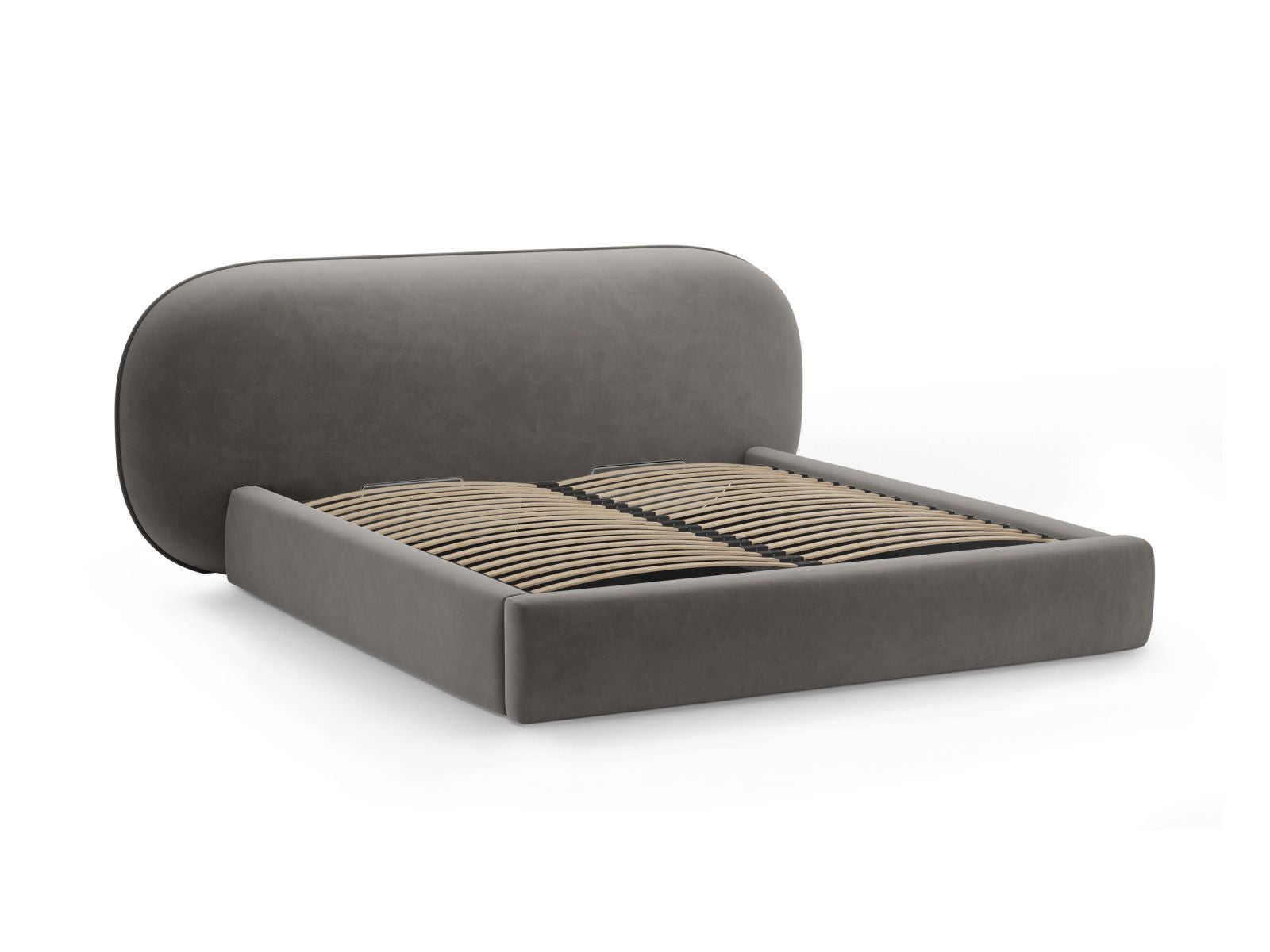 Stilvolles Ovalo Bett mit 140 cm Kopfteil und integriertem Stauraum in edlem Dark Grey-Magic Velvet, perfekt für zeitgemäße Wohnräume.