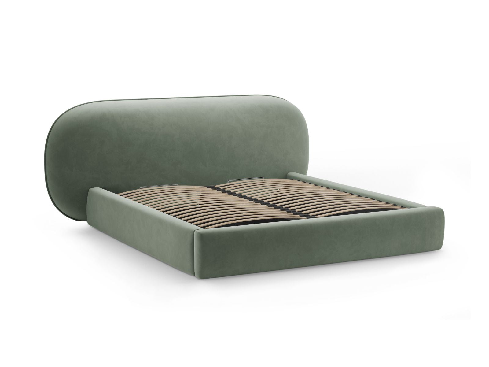 Modernes Ovalo Bett mit 140 cm hohem Kopfteil und integriertem Stauraum, bezogen mit grünem Magic Velvet für ein stilvolles Ambiente.